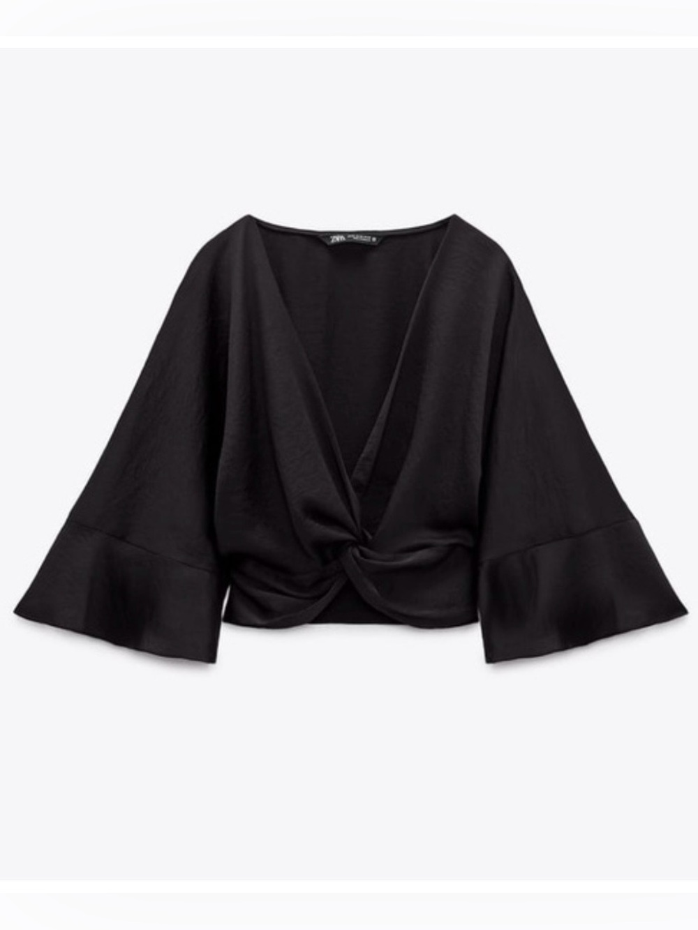 Brand New Zara Vintage 90s Style Medium Black Satin Bell Sleeve Summer Blouse